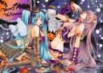  2girls aqua_eyes aqua_hair arm_support bat bat_wings blush boots breasts candy chain chains cleavage cookie detached_sleeves eating food ghost hair_ribbon hairband halloween happy_halloween hat hatsune_miku horns kneeling long_hair megurine_luka midriff mini_top_hat multiple_girls navel necktie pink_hair ribbon skirt spider_web thigh_boots thighhighs tombstone tongue top_hat traditional_media trick_or_treat twintails very_long_hair vocaloid wings yukaxcat 