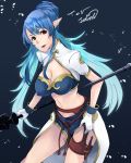  blue_background blue_hair breasts character_name cleavage_cutout elf gloves highres judith knife large_breasts mirre navel pointy_ears polearm red_eyes solo spear tales_of_(series) tales_of_vesperia title_drop weapon 