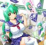  absurdres blue_card breasts card cards crossed_legs detached_sleeves erect_nipples falling_card frog green_eyes green_hair hair_ornament heart highres holding holding_card huge_breasts kochiya_sanae legs_crossed long_hair lying_card moriya_suwako rei_(holyspirit) school_uniform serafuku short_hair sitting snake solo symbol-shaped_pupils thigh-highs thighhighs touhou white_legwear white_thighhighs yellow_eyes 