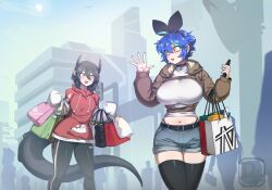  2girls adidas ahoge antenna_hair aqua_hair bag black_choker black_hair black_hairband black_horns black_pants black_tail black_thighhighs blue_hair blue_nails borrowed_character bow_hairband breasts bursting_breasts character_request choker city commentary cropped_jacket crowd day denim denim_shorts dif_(difman) difman dragon_girl dragon_tail english_commentary fang fingernails grey_shorts hair_between_eyes hairband highres holding holding_phone hood hood_down hooded_jacket hoodie horns jacket large_breasts long_tail mole mole_under_eye multicolored_hair multiple_girls nail_polish navel original pants panty_straps phone pointy_ears raglan_sleeves red_hoodie shopping shopping_bag shorts skin_fang sleeves_past_wrists small_breasts streaked_hair tail thigh-highs yellow_eyes yoga_pants 