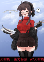  1girl bird black_hairband black_skirt boots chopsticks closed_eyes clouds cloudy_sky fish freckles fur_jacket glasses green_eyes hairband holding holding_chopsticks jacket kantai_collection kitagawa_mikio long_hair looking_at_viewer mogador_(kancolle) mogador_(saury_festival)_(kancolle) official_alternate_costume outdoors red_sweater ribbed_sweater saury seagull sidelocks sign skirt skirt_rolled_up sky solo suspender_skirt suspenders sweater thigh_boots turtleneck turtleneck_sweater warning_sign 