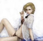  arm_support bikini blonde_hair blue_eyes bowtie hair_tussle king_(snk) king_of_fighters legs open_clothes open_shirt pon ryuuko_no_ken see-through shirt short_hair sitting sleeves_rolled_up snk solo swimsuit water wet wet_clothes wet_shirt 