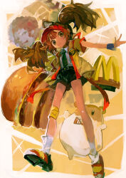  1boy 1girl absurdres animal black_shorts brown_hair burger collared_shirt double_cheese_(mcdonald's) food hamster hat highres kaamin_(mariarose753) long_hair looking_at_viewer mcdonald's necktie red_hat redhead ronald_mcdonald shirt shoes shorts sign smile socks sparkle twintails visor_cap white_socks yellow_happi 