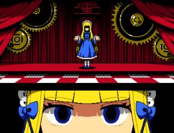  1girl asdf1211950 black_souls black_souls_2 blonde_hair blue_bow blue_dress blue_eyes blue_footwear blunt_bangs bow checkered_floor close-up curtains dithering doll_alice_(black_souls) dress eye_focus faceless faceless_female frills full_body gears grand_guignol_(black_souls) hair_bow hair_ribbon hairband headdress indoors long_hair long_sleeves looking_at_viewer maid_headdress mary_janes multiple_views pixel_art ribbon shaded_face shoes sidelocks socks solo stage stage_curtains standing straight-on white_socks wide_sleeves 