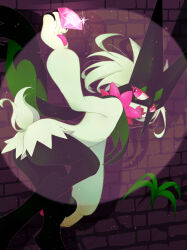  1girl :3 animal_hands animal_nose arm_up artist_name ass black_fur body_fur brick_wall colored_eyelashes commentary_request flat_chest floating floating_object furry furry_female gem glint green_fur green_hair happy highres holding holding_gem leaning_forward leg_up legs lemonade_kokoi looking_back meowscarada open_mouth partial_commentary pink_eyes pink_gemstone pokemon pokemon_(creature) short_hair short_tail signature smile solo spotlight standing standing_on_one_leg tail theft twitter_username two-tone_fur 