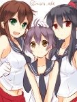  black_hair blush braid breasts brown_hair gloves green_eyes hand_on_head kantai_collection long_hair looking_at_viewer maruki_(punchiki) multiple_girls navel noshiro_(kantai_collection) open_mouth personification ponytail red_eyes sakawa_(kantai_collection) school_uniform serafuku short_hair skirt smile white_gloves yahagi_(kantai_collection) 