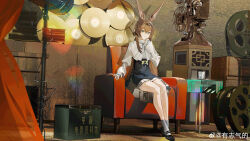  1girl absurdres amiya_(arknights) animal_ears arknights black_footwear blue_eyes bow box brown_hair chair chinese_commentary commentary_request cup drinking_glass film_canister film_reel grey_ribbon grey_socks hairband high-waist_skirt high_collar highres indoors jewelry long_hair looking_at_viewer movie_projector multiple_rings projector puffy_sleeves rabbit_ears rabbit_girl record ring shirt sidelocks sitting skirt smile socks stage_lights table thumb_ring translation_request white_shirt yellow_bow you_zhiqi_de 
