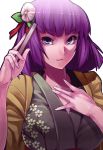  adult bangs bob_cut eyelashes face fan fingernails floral_print flower hair_flower hair_ornament hand_on_own_chest hand_to_chest hands hieda_no_akyuu highres japanese_clothes kimono open_mouth purple_eyes purple_hair rby shikihara_mitabi short_hair solo touhou violet_eyes 