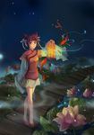  brown_hair chinese_clothes crossed_legs_(standing) double_bun fish goldfish hair_bow holding lantern lily_pad nataku39 night original purple_eyes short_hair sleeves_past_wrists solo standing violet_eyes wide_sleeves 