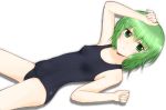  arms_up bare_shoulders blush green_eyes green_hair hand_on_head ichiban_ushiro_no_daimaou korone lying school_uniform solo swimsuit tomy_(rtm_225) 