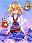  alice_margatroid ascot bespectacled blonde_hair blue_eyes bow breasts capelet cleavage colored_eyelashes doll dual_wielding eyelashes glasses hair_bow hairband highres hourai hourai_doll jewelry kamo_(yokaze) lance long_hair matching_hourai matching_shanghai polearm red_eyes ring sash shanghai shanghai_doll shield short_hair solo string sword touhou weapon 