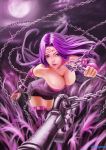  artist_name bare_shoulders breasts chain chains cleavage cloud clouds down_blouse dress facial_mark fate/stay_night fate_(series) forehead_mark full_moon highres large_breasts lips long_hair looking_at_viewer moon nagumo_(qmzp10) purple_eyes purple_hair rider slender_waist solo strapless strapless_dress thigh-highs thighhighs very_long_hair violet_eyes weapon 
