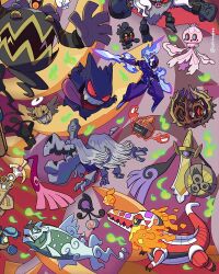  aegislash annihilape ashionglee basculegion basculegion_(female) black_sclera blue_eyes brambleghast ceruledge cofagrigus colored_sclera commentary doublade dusknoir english_commentary fire fire_bird_(skeledirge) frillish frillish_(female) galarian_yamask gengar ghost_type_theme_(pokemon) golett holding holding_shield houndstone instagram_username litwick marshadow open_mouth pokemon pokemon_(creature) pokemon_focus red_sclera rotom rotom_(heat) shedinja shield skeledirge smile teeth tombstone tongue tongue_out upper_teeth_only will-o'-the-wisp_(mythology) yellow_eyes 