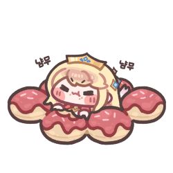  1girl blonde_hair blush_stickers chewing chibi chibi_only closed_eyes commentary_request crown eating erpin_(trickcal) food food_on_face food_request korean_commentary korean_text long_hair monyami solo translation_request trickcal 