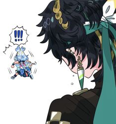 ! !! 1boy 1girl ^^^ antenna_hair arm_tattoo belt black_hair black_sleeves black_wristband blonde_hair blue_bow blue_footwear blue_hair blue_hairband blue_skirt blue_wristband bow bracelet braid brown_belt clenched_hands dark-skinned_female dark_skin fish genshin_impact green_headband hairband head_down headband high_ponytail highres jewelry kinich_(genshin_impact) large_bow light_blue_hair long_braid long_hair mitama_mora mualani_(genshin_impact) multicolored_hair outstretched_arms pale_skin platform_footwear puffer_fish shoes sidelocks single_braid skirt spiked_ear_piercing spoken_exclamation_mark spread_arms streaked_hair tan tanlines tattoo tears twin_braids walking_away white_background