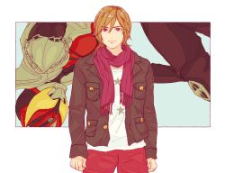  1boy black_jacket brown_hair highres jacket kamen_rider kamen_rider_kiva kamen_rider_kiva_(series) kano_kiva63 kurenai_wataru pants red_eyes red_pants scarf shirt white_background white_shirt 