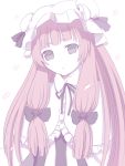  :&lt; bangs blunt_bangs blush bow bust capelet crescent hair_bow hair_ribbon hat long_hair looking_at_viewer patchouli_knowledge puchiman purple_eyes purple_hair ribbon solo touhou violet_eyes 