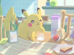  bottle bread bread_slice butter butter_knife chair food hydrangea066 jar kitchen looking_down milk milk_bottle milk_carton moomoo_milk newspaper no_humans pikachu plate poke_ball poke_ball_(basic) pokemon pokemon_(creature) potion_(pokemon) revive_(pokemon) shadow smile sunlight table tail toast window 