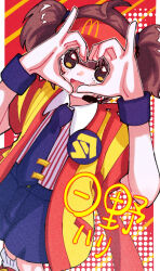  1girl ahoge blue_necktie blue_shorts blush brown_eyes collared_shirt double_cheese_(mcdonald's) employee_uniform fast_food_uniform flat_chest freckles heart heart_hands highres jacket looking_at_viewer mcdonald's necktie open_mouth red_background shadow shirt short_twintails shorts simple_background smile solo striped_clothes striped_shirt twintails user_wzxk7585 visor_cap yellow_jacket 