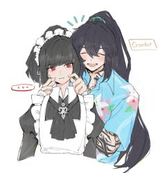  ... 1boy 1girl :d apron arm_tattoo ascot black_ascot blue_shirt blush chain chain_necklace cheek_pinching chest_tattoo closed_eyes collared_shirt cropped_torso english_text floral_print floral_print_shirt frilled_apron frills hawaiian_shirt hetero highres hong_lu_(project_moon) jewelry juliet_sleeves limbus_company long_hair long_sleeves maid maid_headdress munh422 necklace open_collar parted_lips pinching ponytail print_shirt project_moon puffy_sleeves red_eyes ryoshu_(project_moon) shirt short_hair simple_background smile tattoo tingtang_gang_(identity)_(project_moon) very_long_hair white_apron white_background wuthering_heights_(identity)_(project_moon) 