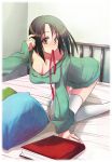  bent_over black_hair book breasts brown_eyes cleavage down_blouse hanging_breasts highres kimura_shiki large_breasts leaning_forward mouth_hold original pillow ribbon solo sweater_dress thigh-highs thighhighs zettai_ryouiki 