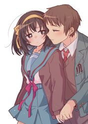 1boy 1girl blazer blue_sailor_collar blue_skirt blush breasts brown_eyes brown_hair brown_pants brown_sweater_vest closed_mouth collared_shirt commentary_request green_jacket hair_ribbon hairband hetero highres jacket kita_high_school_uniform kyon long_sleeves looking_at_another medium_hair necktie open_clothes open_jacket pants red_necktie red_ribbon ribbon sailor_collar school_emblem school_uniform serafuku shirt short_hair skirt smile suzumiya_haruhi suzumiya_haruhi_no_yuuutsu sweater_vest taiki_(6240taiki) white_shirt winter_uniform yellow_hairband yellow_ribbon 