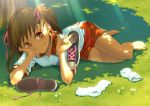  aoi_sora_(pairan) arm_support bad_id barefoot bow brown_eyes brown_hair dark face feet flower footwear foreshortening grass gym_uniform hair_bow lying on_side original outdoors outside pairan shade shoes shoes_removed shorts smile sneakers socks socks_removed solo sunbeam sunlight toe_spread toes tree tree_shade twintails 