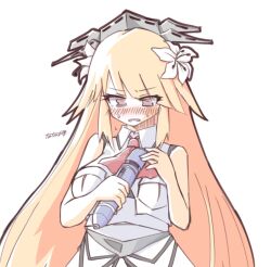  1girl artist_name blonde_hair blush breast_pocket brooklyn_(kancolle) commentary_request flower grey_eyes hair_flower hair_ornament headgear highres hitachi_magic_wand holding kantai_collection long_hair military_uniform nose_blush pocket sex_toy simple_background sleeveless sleeveless_jacket solo tatahai vibrator white_background 