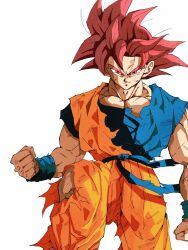  1boy blue_shirt clenched_hand dougi dragon_ball dragon_ball_super highres medium_hair muscular muscular_male orange_pants orange_shirt pants pato007711 red_eyes redhead shirt simple_background solo son_goku spiky_hair super_saiyan super_saiyan_god torn_clothes torn_pants torn_shirt white_background 