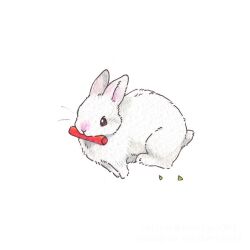  animal animal_ears animal_focus berry_jou mouth_hold no_humans original rabbit rabbit_ears rabbit_tail relay_baton simple_background tail traditional_media white_background 