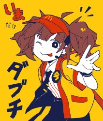  1girl ahoge badge bbyong403 black_eyes bright_pupils brown_hair button_badge collared_shirt commentary_request double_cheese_(mcdonald's) headset korean_commentary looking_at_viewer mcdonald's necktie one_eye_closed shirt short_sleeves smile solo striped_clothes striped_shirt tasuki tongue tongue_out translation_request twintails vertical-striped_clothes vertical-striped_shirt visor_cap wristband yellow_background 