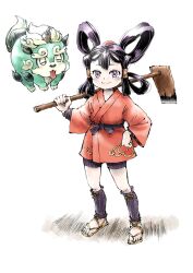  1girl black_hair blush commentary_request hair_rings highres hoe japanese_clothes kaeru_no_papa kimono komainu long_hair looking_at_viewer mizura red_kimono sakuna-hime sandals smile tama-jii tensui_no_sakuna-hime tongue tongue_out violet_eyes 