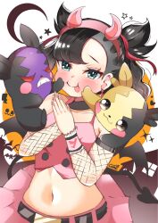  1girl artist_name asymmetrical_bangs bare_shoulders bat_wings belt black_belt black_hair black_tail black_wings blue_eyes blush camisole carrot_summer closed_mouth collarbone demon_tail earrings eyelashes fake_horns fingernails fishnets frilled_wristband furrowed_brow golbat hair_ribbon hairband hands_up highres horns jewelry marnie_(pokemon) mimikyu miniskirt morpeko morpeko_(full) morpeko_(hangry) nail_polish navel own_hands_together pink_camisole pink_hairband pink_horns pink_nails pink_skirt pink_wristband pokemon pokemon_(creature) pokemon_swsh red_ribbon ribbon short_hair skirt smile star_(symbol) tail tongue tongue_out twintails wings 