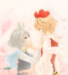  animal_ears blonde_hair eye_contact flower grey_hair hair_ornament hand_on_another's_face hand_to_face hand_to_mouth jewelry kotaro-nosuke looking_at_another lotus mouse_ears multiple_girls mutual_yuri nazrin pendant profile red_eyes short_hair toramaru_shou touhou yellow_eyes yuri 