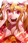  adult blonde_hair blood close-up colored_eyelashes crazy eyelashes face fangs fingernails flandre_scarlet hands hat highres long_hair nail_polish open_mouth rby red_eyes shikihara_mitabi side_ponytail slit_pupils smile solo the_embodiment_of_scarlet_devil touhou 