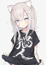1girl :o animal_ears black_shirt black_t-shirt blush brown_hair capriccio cat_ears cat_girl clothes_writing commentary_request grey_background grey_eyes hair_between_eyes looking_at_viewer original parted_lips shirt short_sleeves signature simple_background solo translation_request