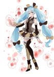  1girl blue_eyes blue_hair detached_sleeves fdcz518 garters hatsune_miku high_heels long_hair necktie shoes skirt solo thigh-highs twintails vertical-striped_legwear vertical_stripes very_long_hair vocaloid 
