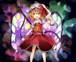  alternate_wings bad_id blonde_hair blush dress fang flandre_scarlet hat jaku_sono laevatein lance open_mouth polearm red_eyes ribbon short_hair side_ponytail solo the_embodiment_of_scarlet_devil touhou weapon wings 