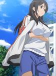  black_hair breast_hold breasts breasts_hold brown_eyes cap crossed_arms fukiyose_seiri gym_uniform jacket_on_shoulders long_hair screencap shorts stitched to_aru_majutsu_no_index track_jacket 