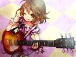  brown_eyes brown_hair dress face guitar hirasawa_yui instrument k-on! mouth_hold pantyhose plectrum short_hair wink 
