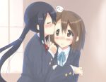  2girls black_hair blush brown_eyes brown_hair closed_eyes eyes_closed female hirasawa_yui k-on! kiss long_hair masamuuu multiple_girls nakano_azusa school_uniform short_hair twintails yuri 