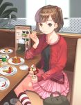  blush brown_eyes brown_hair cake food fruit hair_bobbles hair_ornament ice_cream kneehighs mouth_hold original pancake polka_dot shoes short_twintails sitting skirt smile sneakers solo spoon strawberry striped sundae twintails yamamoto_shima 
