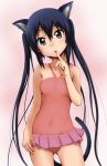  animal_ears bare_shoulders black_hair blush brown_eyes gaku_(pixiv) head_tilt k-on! long_hair nakano_azusa open_mouth solo swimsuit tail twintails 