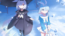  2girls arona_(blue_archive) black_hairband black_serafuku black_skirt blue_archive blue_eyes blue_hair closed_mouth hairband highres long_hair mikan_battery multiple_girls neckerchief plana_(blue_archive) pleated_skirt sailor_collar school_uniform serafuku short_hair skirt smile standing very_long_hair white_hairband white_neckerchief white_sailor_collar white_skirt 