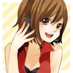  bare_shoulders breasts brown_eyes brown_hair cleavage headphones headset meiko open_mouth short_hair smile solo tama_(songe) vocaloid 