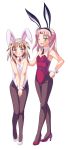  bunny_ears bunnysuit fang fishnet_pantyhose fishnets green_eyes highres legs long_hair maaryan nanako_(to_heart_2) pantyhose pink_hair purple_eyes shirota_mizuki silver_hair to_heart_2 twintails violet_eyes wink 