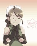  1girl animated animated_gif bare_shoulders black_gloves bow brown_hair clapping closed_eyes doll_joints elbow_pads gloves goggles goggles_on_head hair_bow happy junkpuyo long_hair original plume_(junkpuyo) ponytail smile solo zipper 