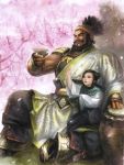  armored beard black_eyes black_hair boots branches brown_eyes cherry_blossoms child drink dynasty_warriors flower girl gloves helmet kimono koei muscles nature petals sangoku_musou shield short_hair sitting smile tree warrior zhang_fei 