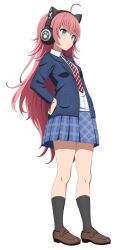  1girl absurdres ahoge animal_ear_headphones animal_ears bang_dream! black_socks blue_eyes blue_jacket blue_skirt brown_footwear cat_ear_headphones collared_shirt commentary diagonal-striped_clothes diagonal-striped_necktie dress_shirt fake_animal_ears full_body hand_on_own_hip headphones highres jacket loafers long_hair necktie noshimurin open_clothes open_jacket paid_reward_available pink_hair plaid_clothes plaid_skirt pleated_skirt red_necktie shirt shoes simple_background skirt socks solo striped_clothes tamade_chiyu white_background white_shirt 