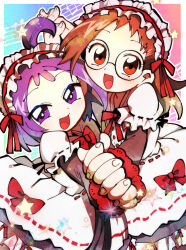  2girls absurdres blush border bow dress_bow eyelashes fujiwara_hazuki glasses hairband highres holding_hands lolita_hairband long_hair long_sleeves looking_at_viewer matomero multiple_girls ojamajo_doremi open_mouth puffy_short_sleeves puffy_sleeves purple_hair red_bow red_eyes round_eyewear segawa_onpu short_hair short_sleeves star_(symbol) violet_eyes white_border 